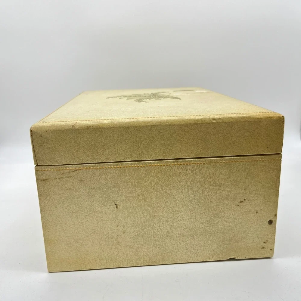 Vintage Cream Faux Leather Jewelry Box Red Velvet Lining Gold Floral Latch